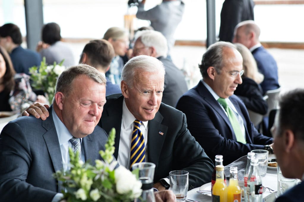 Left to right - Danish Prime Ministed Lars Lokke Rasmussen, former US VP Joe Biden, former President of Mexico Felipe Calderon
