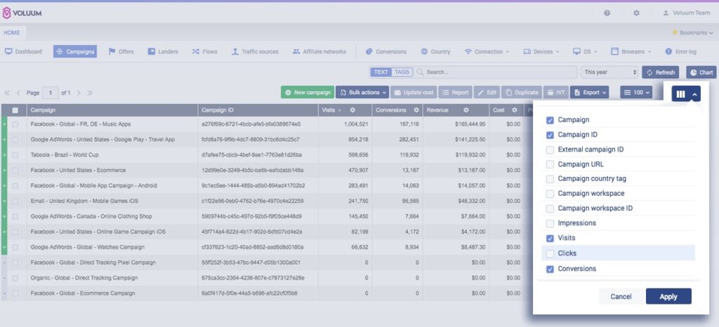 Set up your reporting view in Voluum the way you want. 