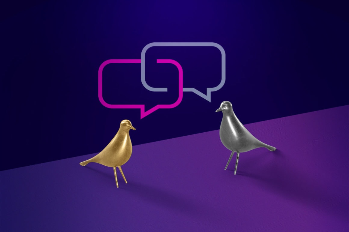 Two birds chatting and sharing their experiences with the Voluum referral program.