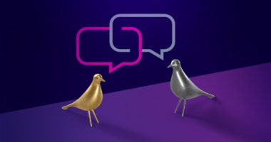 Two birds chatting and sharing their experiences with the Voluum referral program.