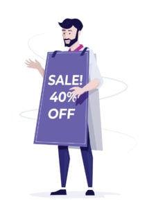 a man wearing a sign with 40% off 