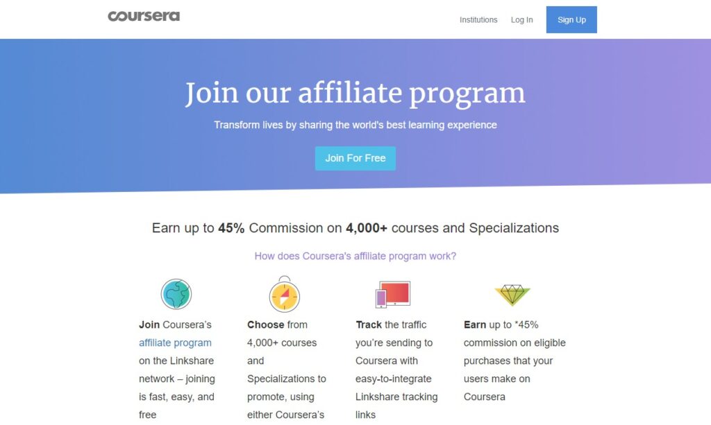 a screenshot of the coursera affiliate program home page