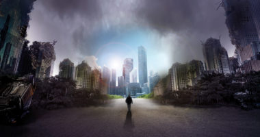 a person walking in an apocalyptic landscape towards promising future