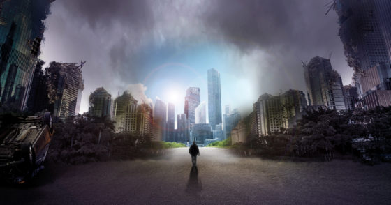 a person walking in an apocalyptic landscape towards promising future