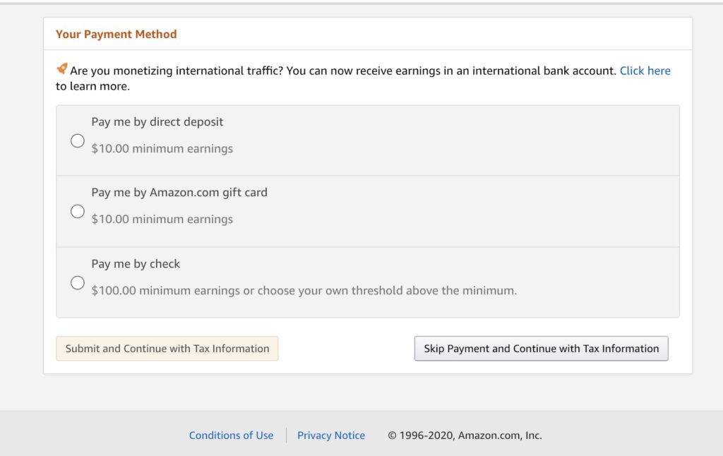Your payment method on Amazon Associates