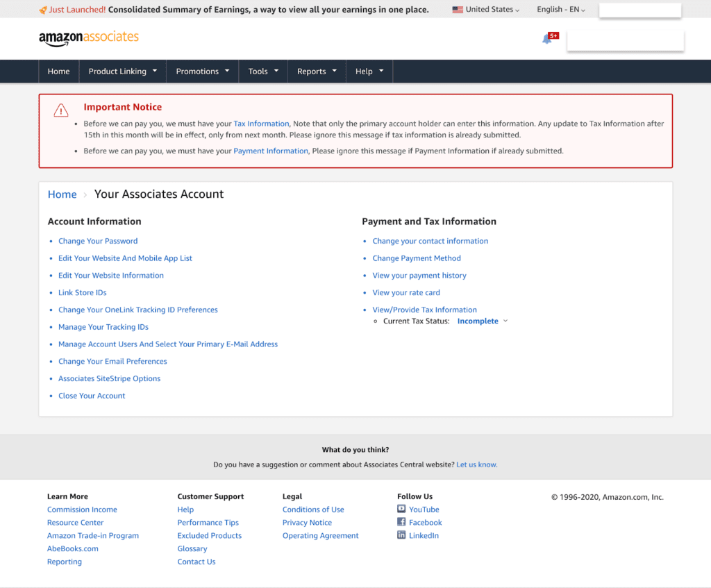 Your Amazon Associates account home page